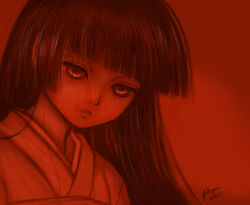 Rule 34 | 1girl, black hair, blunt bangs, dated, enma ai, hime cut, japanese clothes, jigoku shoujo, keinyan, kimono, long hair, parted lips, red eyes, red theme, signature, simple background, solo