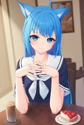Rule 34 | 1girl, ahoge, animal ears, blue eyes, blue hair, blue shirt, blush, breasts, cat ears, cat girl, chair, closed mouth, commentary, cup, fingernails, food, fruit, highres, ice, ice cube, iced coffee, indoors, interlocked fingers, long hair, looking at viewer, medium bangs, nanashi inc., neckerchief, nishino eri, open mouth, own hands together, painting (object), pie, pie slice, pink nails, pov across table, sailor collar, shirt, short sleeves, sitting, small breasts, smile, solo, souya ichika, strawberry, symbol-only commentary, table, upper body, very long hair, virtual youtuber, white neckerchief, white sailor collar