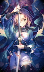 Rule 34 | 1girl, black bow, black scarf, blonde hair, bow, cherry blossoms, copyright name, fate/grand order, fate (series), hair over one eye, holding, holding sword, holding weapon, japanese clothes, kimono, koha-ace, obi, okita souji (fate), okita souji (koha-ace), revision, sash, scarf, sheath, shinsengumi, short hair, short kimono, sleeveless, sleeveless kimono, solo, sword, unsheathing, weapon, white kimono, yellow eyes, yunohito