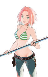 Rule 34 | 1girl, :d, bare arms, belt, bikini, bikini top only, black belt, blue pants, bracelet, breasts, cleavage, collarbone, cosplay, cowboy shot, green bikini, green eyes, groin, hair intakes, haruno sakura, holding, holding polearm, holding weapon, jewelry, lowleg, lowleg pants, medium breasts, medium hair, nami (one piece), nami (one piece) (cosplay), naruto (series), naruto shippuuden, navel, one piece, open mouth, pants, pink hair, polearm, simple background, smile, solo, standing, straight hair, striped bikini, striped clothes, swimsuit, tic paint, weapon, white background