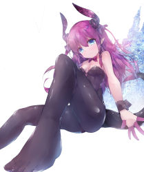 Rule 34 | 1girl, :3, black leotard, black pantyhose, blue eyes, blush, breasts, breasts out, closed mouth, dragon girl, dragon horns, dragon tail, elizabeth bathory (fate), elizabeth bathory (fate/extra ccc), fate (series), feet, grey background, highres, horns, icicle, knee up, legs, leotard, light smile, long hair, looking at viewer, no shoes, nontraditional playboy bunny, pantyhose, playboy bunny, purple hair, simple background, sitting, small breasts, soles, solo, tail, thighs, toes, twiska (doubitian), wrist cuffs