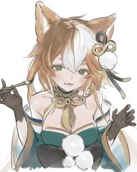 Rule 34 | 1girl, animal ears, black gloves, blush, breasts, cropped torso, dog ears, dog girl, fangs, genshin impact, gloves, green eyes, hair between eyes, hair ornament, highres, hina (genshin impact), holding, japanese clothes, light brown hair, long hair, looking at viewer, mare6ns, medium breasts, multicolored hair, paintbrush, parted lips, paw print, pom pom (clothes), revision, simple background, skin fangs, solo, streaked hair, tassel, upper body, white background, white hair, wide sleeves