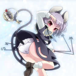 Rule 34 | 1girl, animal ears, ass, capelet, dowsing rod, grey hair, jewelry, kayama benio, mouse (animal), mouse ears, mouse tail, nazrin, panties, pendant, red eyes, short hair, solo, tail, touhou, underwear, white panties