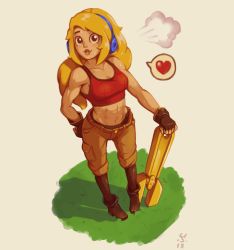 Rule 34 | 1girl, abs, ankle boots, blonde hair, boots, breasts, brown eyes, commentary, crop top, culottes, english commentary, fingerless gloves, from above, gloves, hair down, hand on own hip, headphones, heart, huge weapon, joakim sandberg, lips, long hair, medium breasts, midriff, navel, pants, pigeon-toed, planted, robin (the iconoclasts), solo, spoken heart, sweat, the iconoclasts, toned, weapon, wrench
