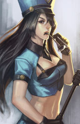 Rule 34 | 1girl, alternate costume, between breasts, black hair, blue eyes, breasts, caitlyn (league of legends), cleavage, gloves, hair over one eye, hat, large breasts, league of legends, lipstick, makeup, midriff, navel, necktie, necktie between breasts, noa ikeda, officer caitlyn, police, police uniform, policewoman, solo, sunglasses, sunglasses removed, uniform