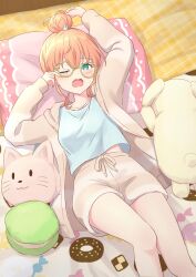 Rule 34 | 1girl, absurdres, aqua eyes, arms up, blue shirt, breasts, brown jacket, brown shorts, collarbone, commentary, crossed bangs, drawstring, food, from above, hair bun, hair ornament, head on pillow, highres, hinoshita kaho, jacket, knee up, link! like! love live!, looking at viewer, loungewear, love live!, lying, macaron, medium breasts, midriff peek, on back, one eye closed, open mouth, orange hair, rabbit hair ornament, rubbing eyes, shirt, short hair, short shorts, shorts, sidelocks, single hair bun, solo, stuffed animal, stuffed dog, stuffed toy, tied drawstring, virtual youtuber, waking up, wavy mouth, yawning, yutuki ame