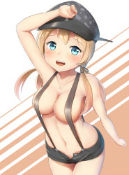 Rule 34 | 10s, 1girl, :d, anchor hair ornament, areola slip, arm at side, arm up, bare arms, black hat, blonde hair, blue eyes, breasts, camouflage, cleavage, comic, cowboy shot, cross, hair ornament, hair over shoulder, hat, iron cross, kantai collection, looking at viewer, maku ro, medium breasts, multicolored hair, naked suspenders, navel, no shirt, open clothes, open fly, open mouth, open shorts, peaked cap, prinz eugen (kancolle), short shorts, shorts, smile, solo, stomach, suspender shorts, suspenders, twintails, two-tone hair, white background