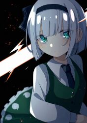 Rule 34 | 1girl, black background, black hairband, black necktie, closed mouth, collared shirt, commentary, green eyes, grey hair, hairband, highres, konpaku youmu, long sleeves, looking at viewer, necktie, shirt, short hair, solo, touhou, upper body, youmu day, yuzupon (yuzuponpon)