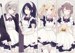 Rule 34 | 4girls, apron, black dress, black jacket, blonde hair, broom, brown hair, classical maid (project sekai), closed eyes, collared shirt, curtain grab, curtains, dress, food, frilled apron, frilled dress, frilled socks, frills, fruit, funoko, gradient hair, grey eyes, hand on own head, hand up, highres, hinomori shiho, holding, holding broom, holding plate, holding teapot, hoshino ichika (project sekai), jacket, lemon, lemon slice, leo/need (project sekai), long hair, looking at viewer, maid, maid apron, maid headdress, mochizuki honami, multicolored hair, multiple girls, neck ribbon, official alternate costume, open mouth, pink eyes, pink hair, plate, project sekai, puffy short sleeves, puffy sleeves, red ribbon, ribbon, shirt, short hair, short sleeves, side ponytail, sleeve cuffs, sleeves past wrists, smile, socks, teapot, tenma saki, thighhighs, twintails, white apron, white socks