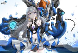 1girl black_gloves blue_butterfly bronya_zaychik bronya_zaychik_(herrscher_of_reason) bug butterfly byeoljagga closed_mouth dress earrings elbow_gloves gloves grey_eyes grey_hair honkai_(series) honkai_impact_3rd insect jewelry long_hair looking_at_viewer project_bunny smile solo very_long_hair wavy_hair white_dress