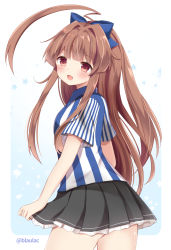 Rule 34 | 10s, 1girl, :d, ahoge, bad id, bad pixiv id, bow, brown eyes, brown hair, employee uniform, hair bow, hair ribbon, highres, kantai collection, kuma (kancolle), lawson, long hair, looking at viewer, masayo (gin no ame), open mouth, pleated skirt, ribbon, shirt, skirt, smile, solo, striped clothes, striped shirt, twitter username, uniform, vertical-striped clothes, vertical-striped shirt