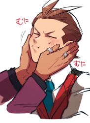 Rule 34 | 2boys, ace attorney, antenna hair, apollo justice, aqua necktie, blush, brown hair, closed eyes, collared shirt, commentary request, cropped arms, cropped torso, dark-skinned male, dark skin, forked eyebrows, furrowed brow, hands on another&#039;s face, highres, jewelry, klavier gavin, lapel pin, lapels, layered sleeves, long sleeves, male focus, multiple boys, multiple rings, necktie, out of frame, purple sleeves, red vest, ring, shirt, simple background, sketch, solo focus, squishing, sweat, tarragon, thumb ring, v-shaped eyebrows, vest, white background, white shirt
