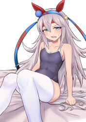 Rule 34 | 1girl, animal ears, arm support, arms at sides, bed sheet, blue eyes, blue hairband, blue one-piece swimsuit, blush, breasts, commentary request, covered navel, ear covers, ear ornament, fang, feet out of frame, frown, grey hair, hairband, half-closed eyes, headband, highres, horse ears, horse girl, knees together feet apart, leaning back, legs, long hair, looking at viewer, on bed, one-piece swimsuit, open mouth, partial commentary, red headband, school swimsuit, sitting, small breasts, solo, striped clothes, striped hairband, sweatdrop, swimsuit, tamamo cross (umamusume), teaclaw, thighhighs, umamusume, white background, white thighhighs