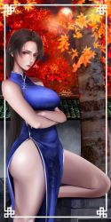 Rule 34 | akanui, ass, breasts, brown eyes, brown hair, china dress, chinese clothes, crossed arms, curvy, dress, highres, hong xiu ying, large breasts, long hair, sega, shenmue, shenmue ii, shiny skin, sleeveless, thick thighs, thighs, tree