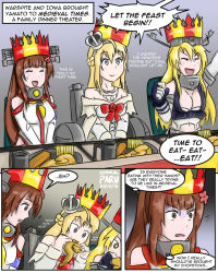 Rule 34 | 10s, 3girls, :d, ^ ^, admiral paru, ahoge, arm up, bare shoulders, bird, blonde hair, blue eyes, braid, breasts, brown eyes, brown hair, chicken, cleavage, closed eyes, comic, commentary, crown, detached sleeves, dress, eating, english text, closed eyes, french braid, hairband, headgear, holding, iowa (kancolle), jewelry, kantai collection, left-to-right manga, machinery, multiple girls, necklace, off-shoulder dress, off shoulder, open mouth, ponytail, grey eyes, smile, star-shaped pupils, star (symbol), sweat, symbol-shaped pupils, warspite (kancolle), yamato (kancolle)