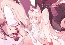 Rule 34 | 1girl, absurdres, animal ears, blue eyes, breasts, cat ears, cat girl, commission, crrn, crystal eye, english text, exposed bone, hand up, heart (organ), highres, large breasts, long hair, looking to the side, monster, open mouth, original, pink background, pink hair, pink theme, solo, twintails, upper body, very long hair