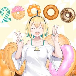 Rule 34 | 1girl, :d, ^ ^, amano pikamee, aqua nails, bare shoulders, beige background, black hairband, blonde hair, blush, breasts, closed eyes, collarbone, commentary request, dated, double v, doughnut, facing viewer, food, green hair, hair between eyes, hairband, hands up, highres, multicolored hair, nail polish, off-shoulder shirt, off shoulder, open mouth, sharp teeth, shirt, short sleeves, signature, small breasts, smile, solo, teeth, traveler (artbbt), two-tone hair, upper body, v, virtual youtuber, voms, white shirt, wide sleeves