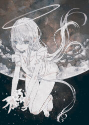 Rule 34 | 1girl, angel, bare legs, barefoot, closed mouth, cloud, collarbone, dress, floating, flower, full body, grey eyes, hair between eyes, halo, highres, holding, holding flower, long hair, moon, original, oseto (oxxsexxto), painting (medium), pale skin, sky, sleeveless, solo, star (sky), traditional media, very long hair, watercolor (medium), white dress, white flower, white hair