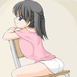 Rule 34 | 1girl, ass, black hair, blue eyes, breast press, breasts, chair, closed mouth, flat ass, huge breasts, large breasts, looking at viewer, looking back, lowres, miyata gakuman, no bra, oekaki, oppai loli, panties, profile, short hair, short twintails, skinny, smile, solo, twintails, underwear
