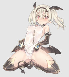 Rule 34 | 1girl, blade (galaxist), blush, breasts, cameltoe, covered erect nipples, covered navel, demon tail, elbow gloves, gloves, hairband, head wings, kneeling, original, pointy ears, red eyes, solo, spread legs, tail, thighhighs, twintails, white hair, wings