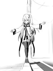 Rule 34 | 1girl, allial (coefont), arms up, balancing, boots, closed mouth, coefont, collarbone, collared shirt, commentary, greyscale, hair ornament, hair over one eye, hairclip, highres, hood, hood down, hooded jacket, jacket, legs together, long hair, long sleeves, looking at viewer, monochrome, multicolored hair, one eye covered, outdoors, outstretched arms, partially unzipped, raised curb, road, shadow, shirt, side ponytail, sleeveless, sleeveless shirt, smile, solo, street, teckinder, thigh boots, thighs, two-tone hair, utility pole, very long hair, walking