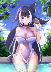 Rule 34 | 1girl, absurdres, ahoge, alcohol, animal ears, belt collar, black hair, blue collar, blush, body markings, breasts, cetacean tail, cleavage, collar, covered navel, cup, drinking glass, fins, fish tail, heart, heart ahoge, highres, holding, holding cup, indie virtual youtuber, k 9, large breasts, long hair, looking at viewer, multicolored hair, navel, one-piece swimsuit, orca girl, purple eyes, see-through, see-through cleavage, see-through swimsuit, shylily, shylily (3rd costume), sitting, streaked hair, swimsuit, tail, thigh strap, virtual youtuber, water, white hair, white one-piece swimsuit, wine, wine glass