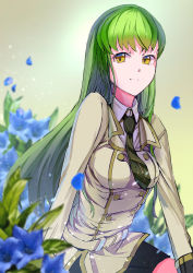 Rule 34 | 1girl, ashford academy school uniform, black skirt, blazer, blouse, blue flower, blurry, blurry background, blurry foreground, c.c., closed mouth, code geass, collared shirt, floating hair, flower, green hair, green necktie, highres, jacket, long hair, long sleeves, looking at viewer, miniskirt, morumoru x, necktie, petals, school uniform, shirt, sitting, skirt, smile, solo, straight hair, very long hair, white shirt, wing collar, yellow eyes