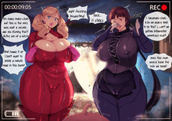 Rule 34 | 1boy, 2girls, bittercream, black bodysuit, blonde hair, blue eyes, bodysuit, breasts, brown hair, bug, cleavage, cleft of venus, covered erect nipples, covering nose, english text, flaccid, fly, huge breasts, insect, looking at viewer, multiple girls, niijima makoto, one eye closed, penis, persona, persona 5, plump, precum, pussy juice, pussy juice drip through clothes, recording, red bodysuit, red eyes, small penis, standing, takamaki anne, thick thighs, thighs, twintails, viewfinder, wide hips