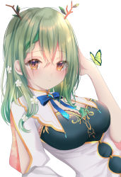 Rule 34 | 1girl, absurdres, antlers, blue bow, blue bowtie, blush, bow, bowtie, braid, braided bangs, breasts, bug, butterfly, butterfly on hand, ceres fauna, cleavage, closed mouth, commentary, flower, framed breasts, green hair, hair between eyes, hair flower, hair ornament, highres, hololive, hololive english, horns, insect, large breasts, long hair, looking at viewer, moemoepiano, simple background, single braid, solo, upper body, virtual youtuber, white background, yellow eyes