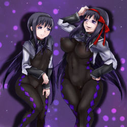 Rule 34 | 10s, 2girls, abazure, akemi homura, akuma homura, alternate breast size, black hair, bodystocking, bow, breasts, cameltoe, covered erect nipples, dual persona, grin, hair bow, hairband, large breasts, long hair, looking at another, magical girl, mahou shoujo madoka magica, mahou shoujo madoka magica: hangyaku no monogatari, multiple girls, purple eyes, see-through, small breasts, smile, unitard