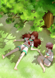 Rule 34 | 10s, 2girls, ahoge, barefoot, brown hair, commentary request, dappled sunlight, closed eyes, feet, fetal position, from above, grass, holding hands, kantai collection, kuma (kancolle), long hair, lying, multiple girls, neckerchief, no shoes, on back, on side, open mouth, outdoors, pink hair, school uniform, serafuku, shade, short hair, shorts, sleeping, so-ichi, sunlight, tama (kancolle), tree