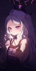 Rule 34 | 1girl, absurdres, ahoge, black horns, black one-piece swimsuit, blue archive, closed mouth, dark, fireworks, flat chest, hair ornament, hairclip, halo, highres, hina (blue archive), hina (swimsuit) (blue archive), holding, holding fireworks, horns, long hair, looking at viewer, multiple horns, name tag, night, one-piece swimsuit, one side up, outdoors, pink eyes, school swimsuit, shenqi de (9), solo, sparkler, swimsuit, upper body, very long hair, white hair