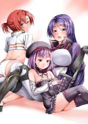 Rule 34 | 3girls, ass, bare shoulders, black legwear, blush, book, boudica (fate), breasts, fate/grand order, fate (series), green eyes, hat, helena blavatsky (fate), highres, holding, holding book, huge breasts, large breasts, long hair, looking at viewer, minamoto no raikou (fate), multiple girls, open mouth, purple eyes, purple hair, red hair, sezok, short hair, short ponytail, smile, thighhighs