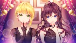 Rule 34 | 2girls, :d, black dress, black gloves, blonde hair, blue eyes, breasts, brown hair, cleavage, collarbone, crazy crazy (idolmaster), dress, earrings, elbow gloves, floating hair, gloves, green eyes, hair between eyes, ichinose shiki, idolmaster, idolmaster cinderella girls, index finger raised, jewelry, kina (446964), lazy lazy (idolmaster), lens flare, long hair, looking at viewer, medium breasts, miyamoto frederica, multiple girls, open mouth, see-through, see-through cleavage, short hair, sleeveless, sleeveless dress, smile, sparkle, tongue, tongue out, upper body, very long hair