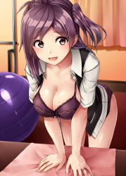Rule 34 | 10s, 1girl, ahoge, ball, bra, breasts, brown eyes, cleavage, curtains, exercise ball, hagikaze (kancolle), highres, indoors, jewelry, kamelie, kantai collection, large breasts, leaning forward, long hair, panties, purple bra, purple hair, purple panties, ring, side ponytail, smile, solo, sweat, underwear, wedding band