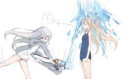 Rule 34 | &gt; &lt;, 2girls, = =, barefoot, blonde hair, commentary request, from side, holding, holding sword, holding weapon, hood, hoodie, jacket, long hair, multiple girls, one-piece swimsuit, original, poco (asahi age), profile, school swimsuit, silver hair, simple background, splashing, striped, swimsuit, swimsuit under clothes, sword, water, weapon, wet, white background