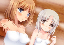 Rule 34 | 10s, 2girls, arm at side, arm rest, bare arms, bare shoulders, blue eyes, blush, brave witches, breasts, brown eyes, brown hair, cleavage, closed mouth, collarbone, edytha rossmann, expressionless, fingernails, green eyes, gundula rall, hand up, indoors, isa (ni-iro), large breasts, looking at another, looking away, mole, mole under mouth, multiple girls, naked towel, orange hair, parted bangs, sauna, shiny skin, short hair, silver hair, small breasts, steam, towel, upper body, white towel, world witches series