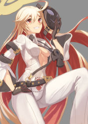 Rule 34 | 1girl, ahoge, ankh, bad id, bad pixiv id, belt, bodysuit, breasts, cleavage, commentary request, spiked halo, grin, guilty gear, guilty gear xrd, halo, hand on own hip, highres, jack-o&#039; valentine, jewelry, kty (jarijarikun), leg up, long hair, looking at viewer, mask, unworn mask, medium breasts, multicolored hair, no bra, pendant, red eyes, red hair, smile, solo, two-tone hair, white hair, wide sleeves