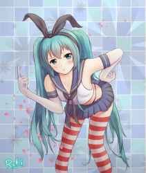 Rule 34 | 1girl, :t, aqua eyes, artist name, bad id, bad pixiv id, bent over, cosplay, elbow gloves, gloves, green hair, hair ribbon, hand on own hip, hatsune miku, highres, kantai collection, long hair, reki (lichk), ribbon, shimakaze (kancolle), shimakaze (kancolle) (cosplay), skirt, solo, striped clothes, striped thighhighs, thighhighs, twintails, very long hair, vocaloid