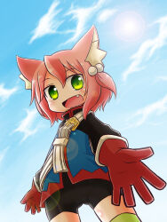 Rule 34 | 1girl, 7th dragon, 7th dragon (series), :d, animal ear fluff, animal ears, belt buckle, black jacket, black shorts, blue sky, buckle, cloud, cloudy sky, day, fang, fighter (7th dragon), gloves, green eyes, hair ornament, harukara (7th dragon), jacket, long sleeves, looking at viewer, naga u, open mouth, outstretched arm, pink hair, red gloves, short hair, shorts, sky, smile, solo, sun