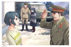 Rule 34 | 2boys, 2girls, :d, beanie, blue hair, boots, border, brown hair, car, dated, eye contact, green jacket, greyscale, hat, horikou, jacket, looking at another, manly, military, military hat, military jacket, military uniform, monochrome, motor vehicle, multiple boys, multiple girls, open mouth, outdoors, purple eyes, real life, salute, shima rin, shima saki, signature, smile, soldier, soviet, soviet army, uaz-469, uniform, white border, yurucamp