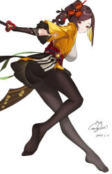 Rule 34 | 1girl, absurdres, ass, black pantyhose, breasts, brown hair, candy shunya, chiori (genshin impact), commentary request, genshin impact, hair ornament, haori, highres, holding, holding sword, holding weapon, japanese clothes, large breasts, no shoes, obi, pantyhose, ponytail, red eyes, red sash, sash, short hair, simple background, solo, sword, thighs, weapon, white background