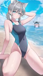 Rule 34 | 1boy, 1girl, absurdres, animal ear fluff, animal ears, aoi ryo, beach, black one-piece swimsuit, blue archive, blue eyes, blue sky, breasts, cloud, competition swimsuit, covered navel, cross hair ornament, day, doodle sensei (blue archive), extra ears, grey hair, hair ornament, halo, highres, horizon, low ponytail, medium breasts, medium hair, mismatched pupils, multicolored clothes, multicolored swimsuit, ocean, official alternate costume, one-piece swimsuit, outdoors, sensei (blue archive), shiroko (blue archive), shiroko (swimsuit) (blue archive), sitting, sky, solo focus, swimsuit, wariza, wolf ears