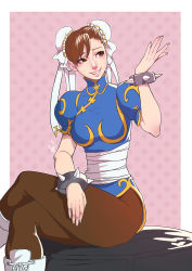 Rule 34 | 1girl, absurdres, alan campos, border, bracelet, breasts, brown eyes, brown hair, brown pantyhose, bun cover, capcom, china dress, chinese clothes, chun-li, crossed legs, double bun, dress, hair bun, hair ribbon, highres, jewelry, large breasts, nose, outside border, pantyhose, pelvic curtain, polka dot, polka dot background, ribbon, sash, short hair, sitting, smile, solo, spiked bracelet, spikes, street fighter, thighs