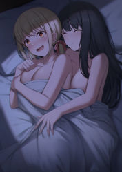 Rule 34 | 2girls, bare shoulders, bed sheet, black hair, blonde hair, blush, breasts, breasts on another&#039;s back, cleavage, closed eyes, collarbone, cuddling, hair ribbon, heart, heart-shaped pupils, highres, implied sex, inoue takina, kannko bokujou, large breasts, long hair, low twintails, lycoris recoil, multiple girls, nishikigi chisato, open mouth, red eyes, ribbon, short hair, sleeping, symbol-shaped pupils, twintails, under covers, yuri