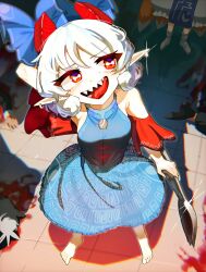 Rule 34 | 2girls, absurdres, armpits, barefoot, blood, blood splatter, blue bow, blue dress, bow, breasts, cometoo, commentary request, curly hair, detached sleeves, dress, earrings, eye print, fox tail, from above, full body, glint, highres, holding spork, horizontal pupils, horn bow, horn ornament, horns, jewelry, looking to the side, meandros, medium bangs, multiple girls, multiple tails, open mouth, oversized object, patterned clothing, pointy ears, red eyes, red horns, red sleeves, sharp teeth, short hair, small breasts, smile, socks, solo focus, standing, tail, teeth, tile floor, tiles, touhou, toutetsu yuuma, white hair, white socks, yakumo ran