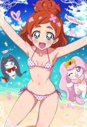 Rule 34 | 1girl, :d, beach, bikini, blue eyes, breasts, cat, day, dog, go! princess precure, gradient background, haruno haruka, heart, heart print, highres, jewel (the black canvas), looking at viewer, miss siamour, ocean, open mouth, outstretched arms, precure, puff (go! princess precure), red hair, short hair, small breasts, smile, solo focus, swimsuit