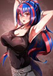 Rule 34 | 1girl, absurdres, alear (female) (fire emblem), alear (fire emblem), alternate costume, armpits, arms behind head, blue eyes, blue hair, braid, breasts, cleavage, fire emblem, fire emblem engage, heterochromia, highres, long hair, looking at viewer, medium breasts, multicolored hair, nintendo, official alternate hairstyle, open mouth, pants, ponytail, red eyes, red hair, smile, solo, split-color hair, sweat, sweatpants, to (tototo tk)
