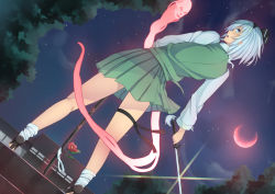 Rule 34 | 1girl, architecture, aura, black footwear, black ribbon, blue eyes, cloud, collared shirt, crescent moon, dutch angle, east asian architecture, floating skull, flower, from behind, green skirt, green vest, hairband, hakozaki shiro, high heels, highres, holding, holding sword, holding weapon, katana, konpaku youmu, konpaku youmu (ghost), leaning back, leaning to the side, leg ribbon, long sleeves, moon, night, night sky, open mouth, pleated skirt, red moon, ribbon, scabbard, sheath, shirt, shoes, short hair, skirt, skirt set, sky, solo, sparkle, stairs, star (sky), sword, touhou, tree, unsheathed, vest, weapon, white shirt, wind