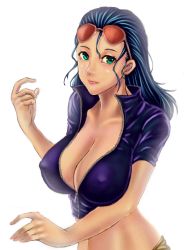 Rule 34 | 1girl, akira (yuibnm71), aqua eyes, blue hair, breasts, center opening, cleavage, collarbone, covered erect nipples, crop top, eyewear on head, female focus, glasses, hair slicked back, hand up, highres, large breasts, lips, long hair, looking at viewer, midriff, nico robin, one piece, purple shirt, shirt, short sleeves, simple background, solo, sunglasses, unzipped, upper body, white background, zipper